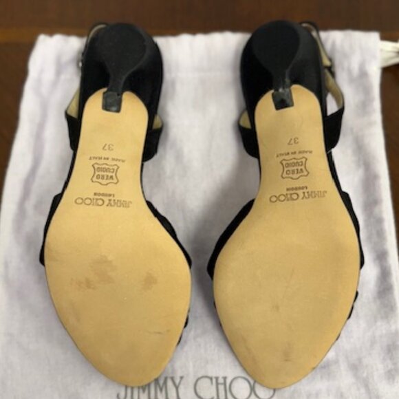 JImmy Choo Black Satin with Gold Wrapped Box Open Toe Heels - Picture 5 of 5